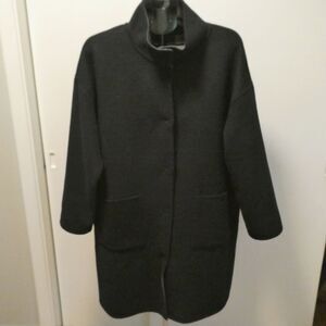 Eileen Fisher Reversible Wool Cashmere Coat L Navy Gray Stand Collar Jacket EUC